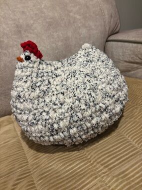 Handmade Large Plush Chicken Pillow in Speckled White